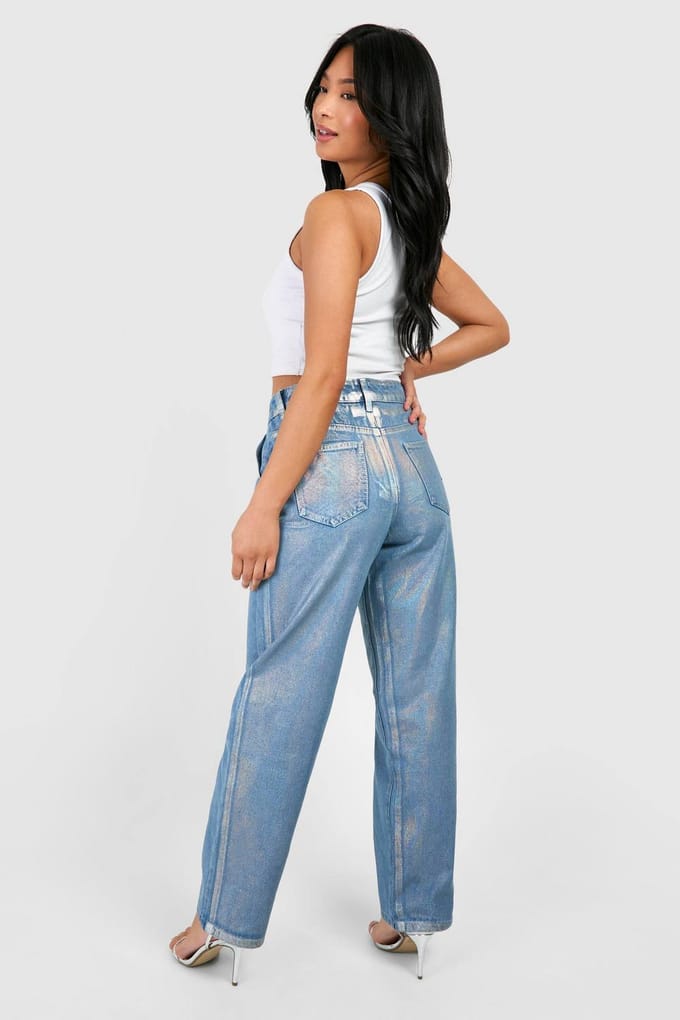 boohoo Dames Petite iriserende metallic gecoate rechte jeans | Maat: 34