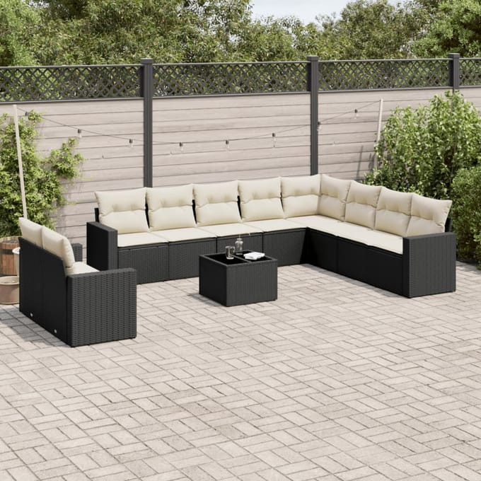 vidaXL - 11-delige - Loungeset - met - kussens - poly - rattan - zwart