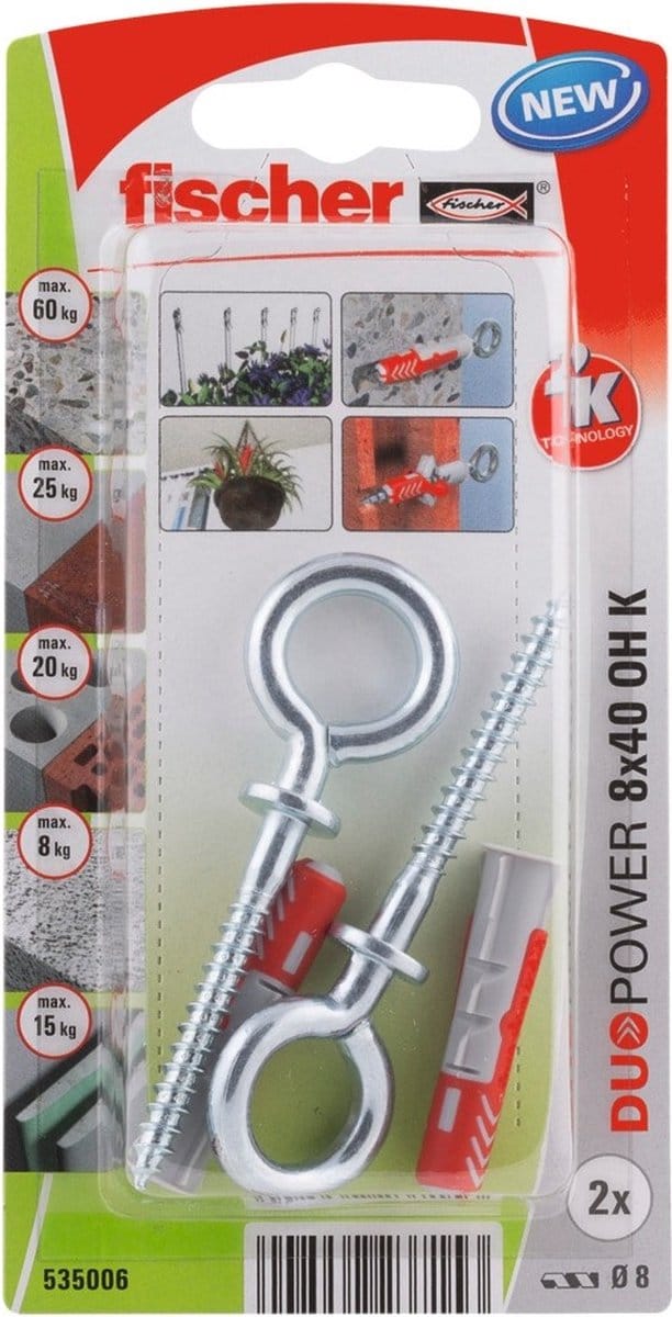 Fischer DuoPower Serie - Plug met Ooghaak - 8 x 40 mm - Nylon Componenten