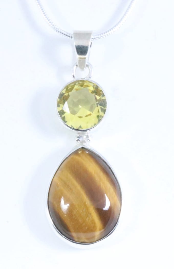 Zilveren hanger met tijgeroog en citrien aan ketting