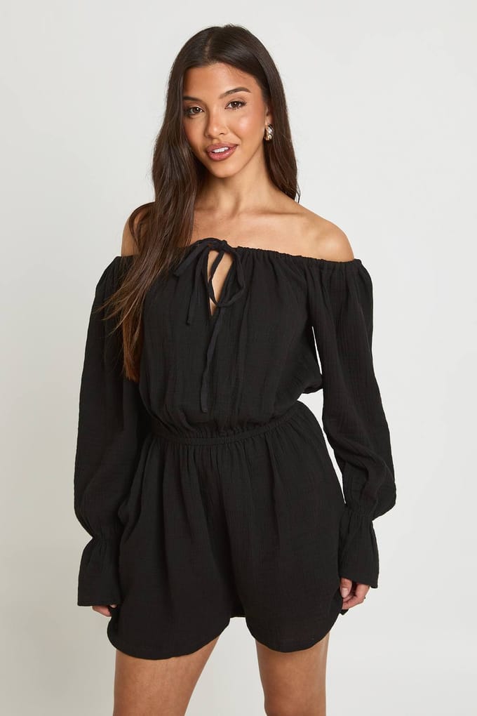 boohoo Dames Gestructureerde Bardot Blouson Playsuit | Zwart | Maat: 36
