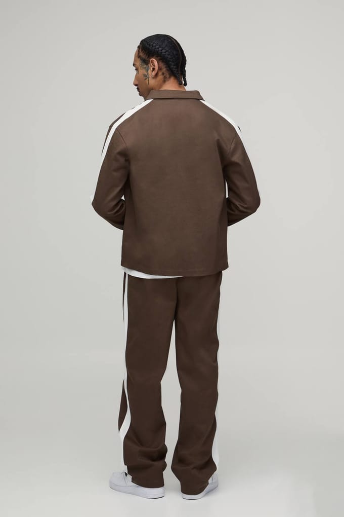 Twill Contrast Tape Regular Zip Up Overshirt & Relaxed Chino Set | Chocolate | Size Small