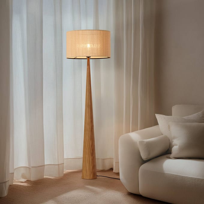 Lucande vloerlamp Fabrena, naturelkleurig, bamboe, hoogte 138 cm