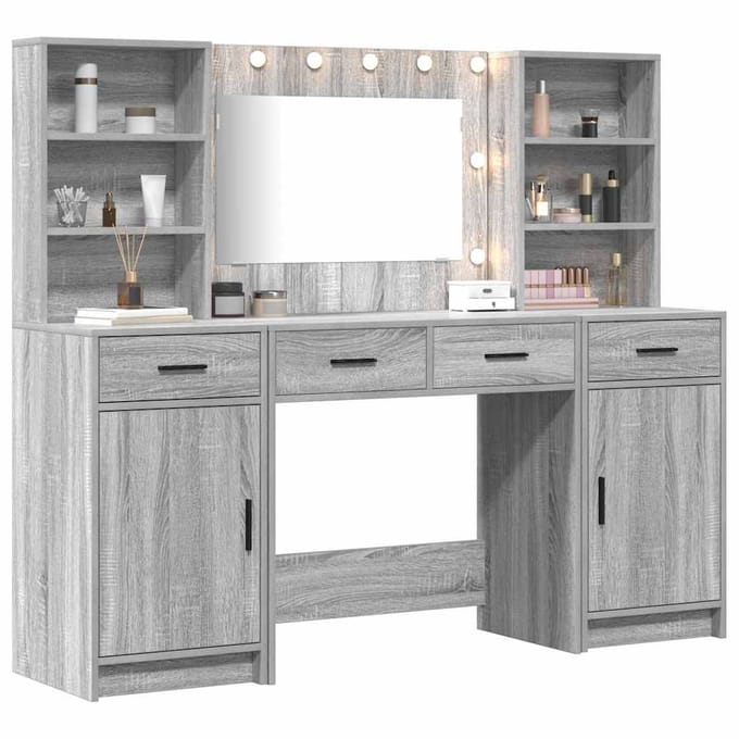 vidaXL - Dressing - tafel - set - met - LED - 3 - st - Grijs - Sonoma - Bewerkt - hout