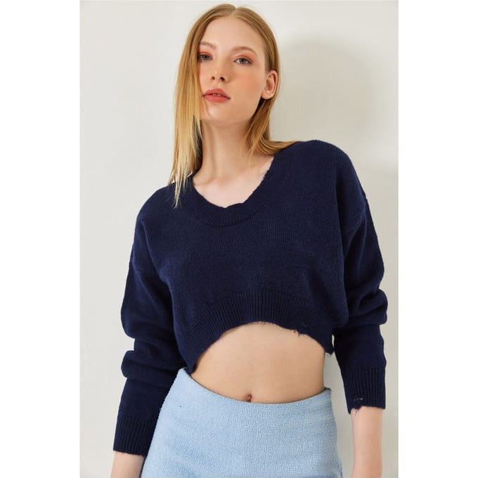 Textuur V-hals Losse Crop Gebreide Top