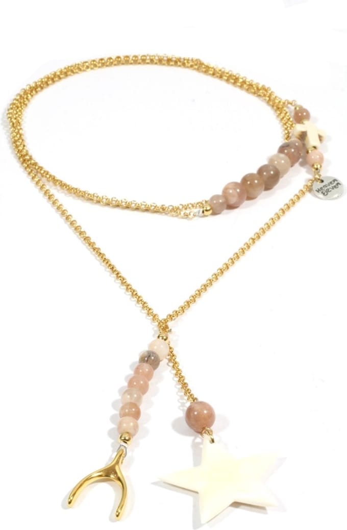 Heaven Eleven dames Ketting goud plating - zonnesteen kralen - wit hertegewei ster