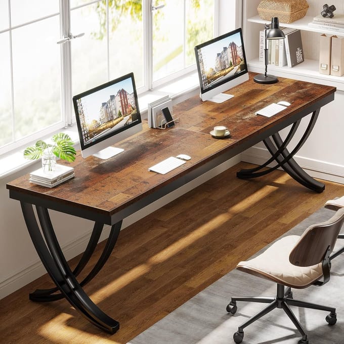 Tribesigns Bureau - Dubbel Lang Bureau - Computerbureau - Computer Tafel - Bureautafel - Lichtbruin/Zwart - 200 x 70 x 75 cm