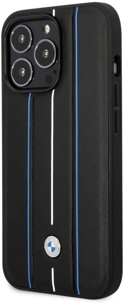 BMW iPhone 14 Pro Back cover case - Leather Signature - Hot Stamp Lines Blue - Black