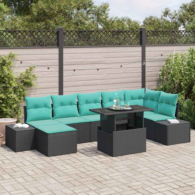 vidaXL - Tuinbank - Set - 8 - st - Zwart - en - Blauw - poly - rattan