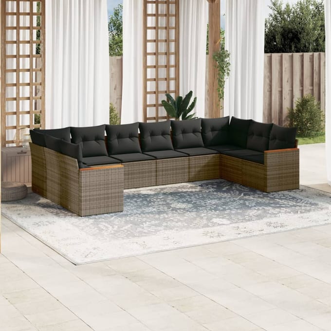 vidaXL - 10-delige - Loungeset - met - kussens - poly - rattan - grijs