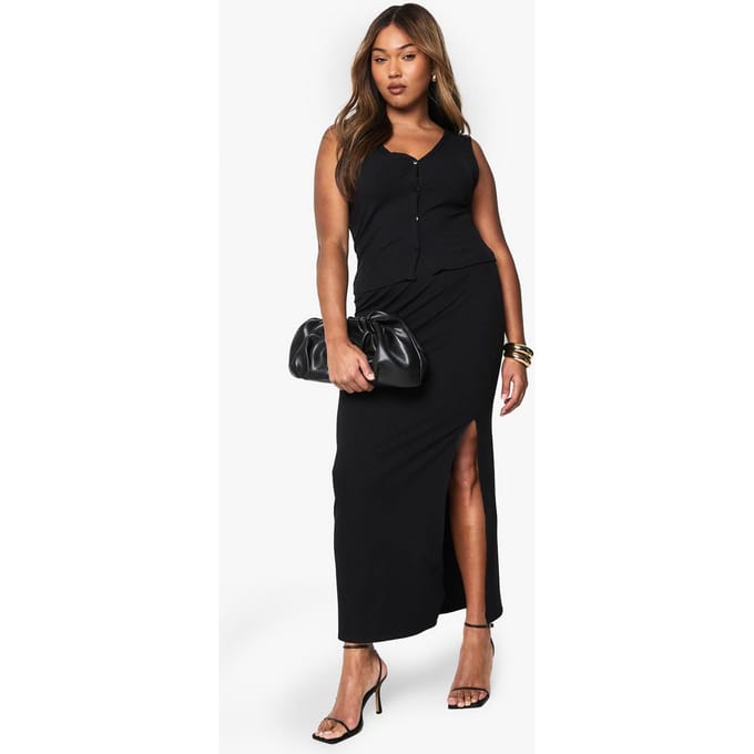 boohoo Dames Plus Soft Rib Maxi Rok | Zwart | Maat: 56