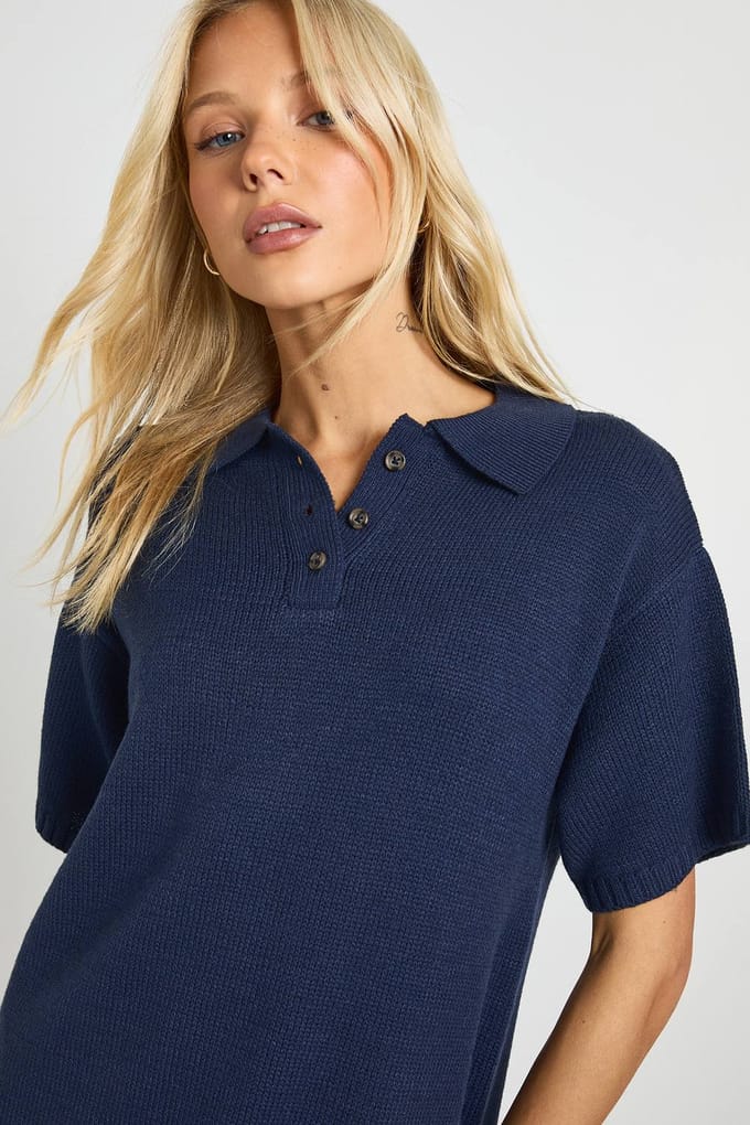 boohoo Dames Oversized gebreide jurk met kraag en knoopjes | Navy | Maat: Small