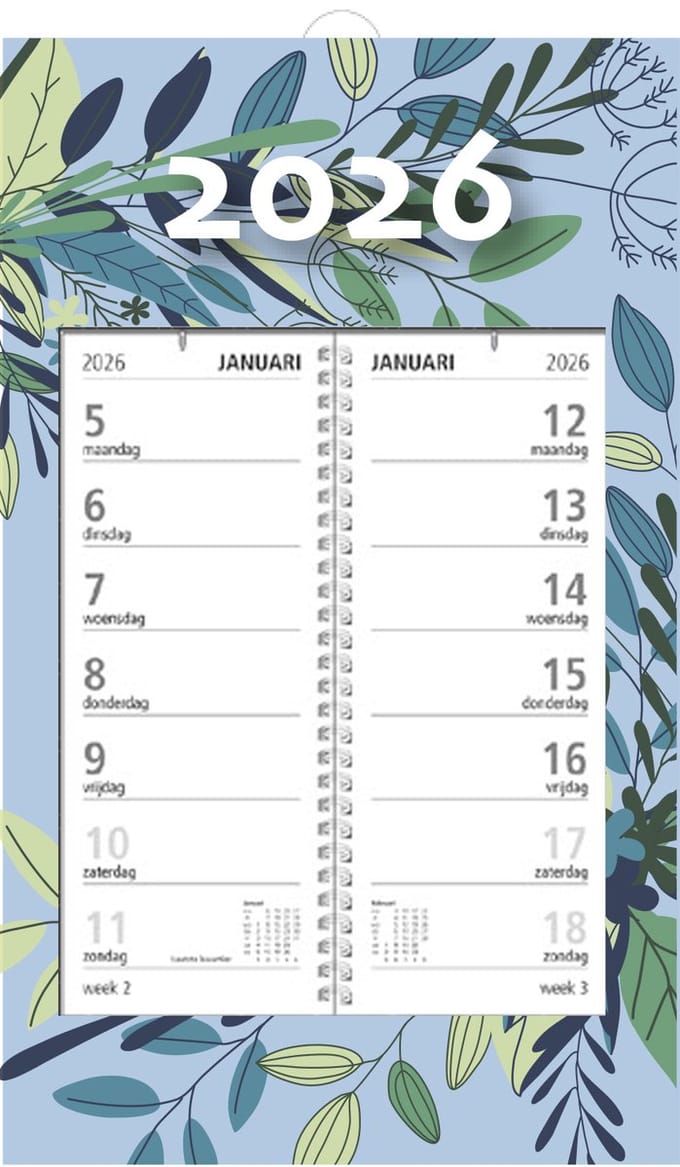 MGPcards - Omlegweekkalender 2026 - Week begint op maandag - 21 x 34 cm - Bladeren - Licht blauw