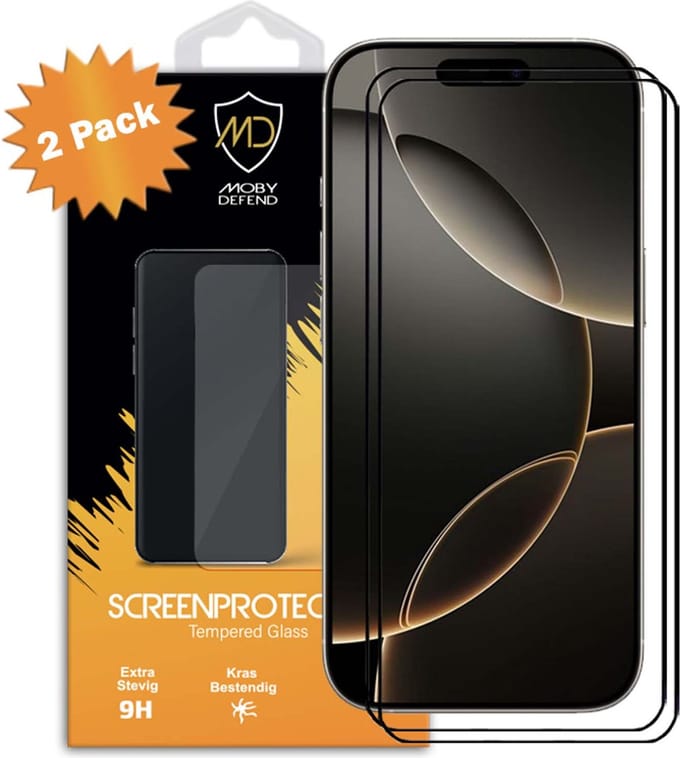 2-Pack MobyDefend Screenprotectors - Geschikt voor iPhone 16 Pro - Screensavers Met Zwarte Randen - Gehard Glas