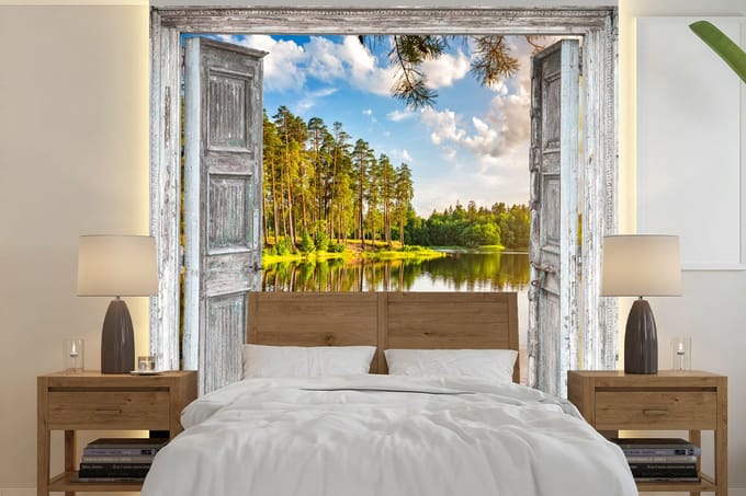 Behang - Fotobehang Water - Landschap - Raam - Doorkijk - Breedte 350 cm x hoogte 350 cm