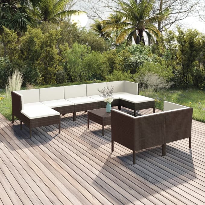 vidaXL - 10-delige - Loungeset - met - kussens - poly - rattan - bruin