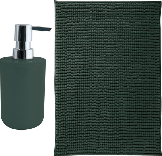 MSV badkamer droogloop mat - Genua - 50 x 80 cm - met bijpassende kleur zeeppompje - donkergroen