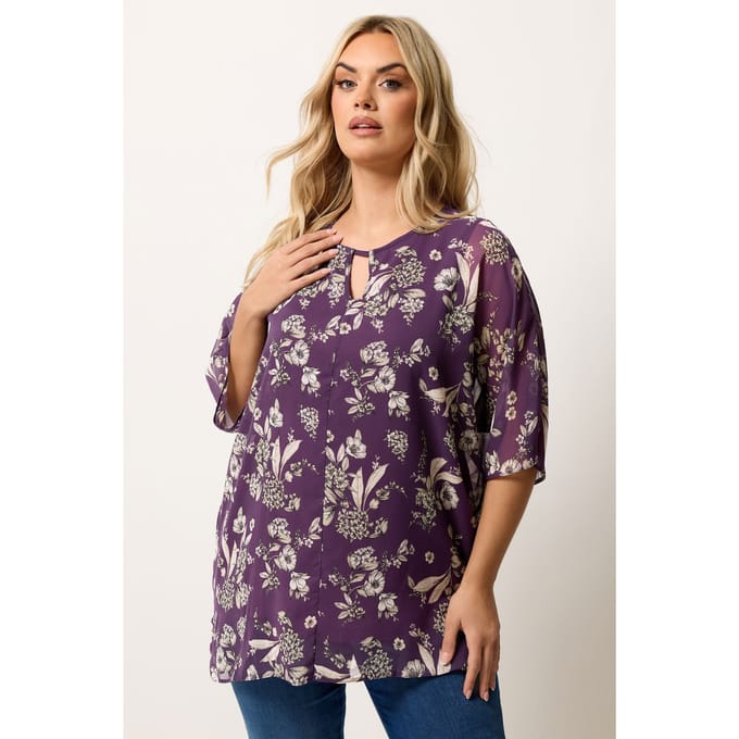 Yours Paarse Top Met Bloemenprint En Keyholedetail Size 48