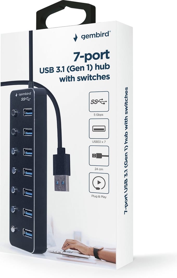 Gembird - hub - with switches black - 7 ports USB hub - 7 - USB 3.2 - Zwart