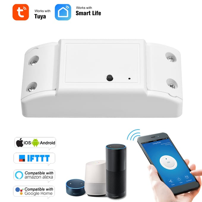 WiFi Smart Switch Compatibel met Amazon Alexa & voor Google Home Timer 10A/2200W Draadloze Afstandsbediening wit