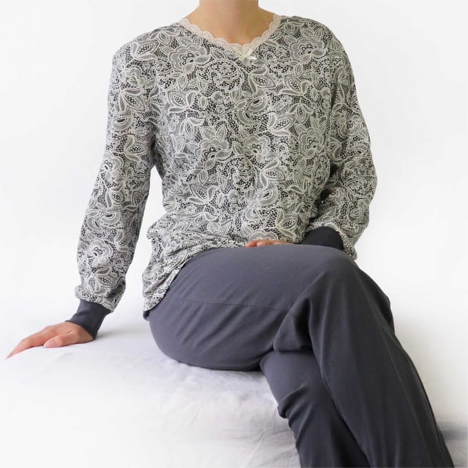 Medaillon Dames Pyjama - Katoen - Geprint Dessin - Grijs - Maat S