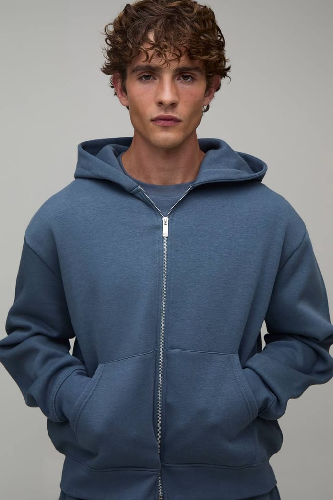 Essential Oversized Boxy Zip Through Hoodie | Vintage Blue | Size Medium