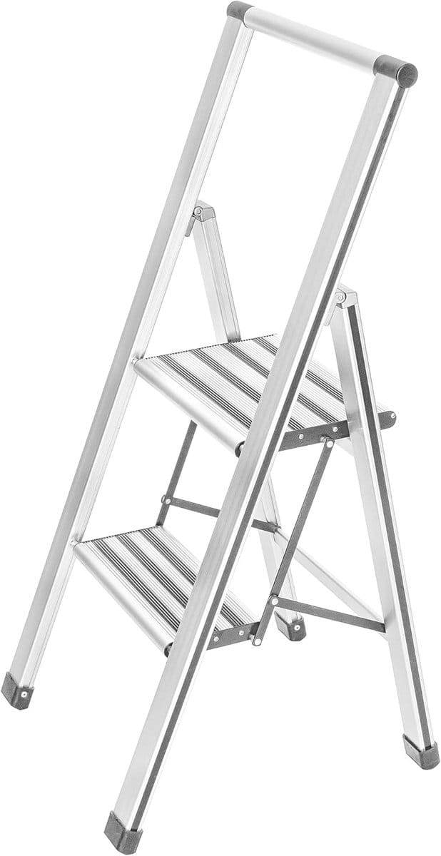 Famanu – Aluminium trapladder met 2 treden antislip compact en lichtgewicht wit