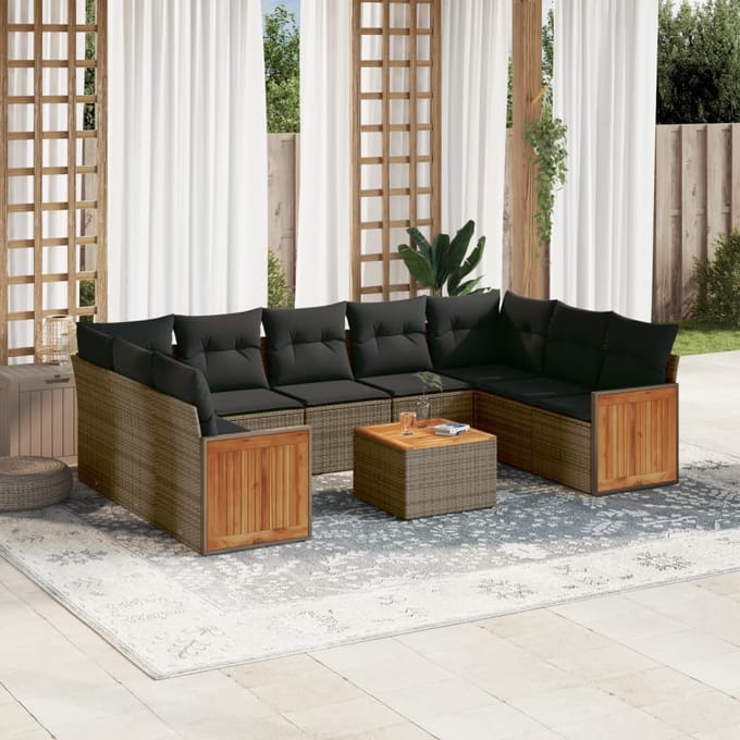 vidaXL - 10-delige - Loungeset - met - kussens - poly - rattan - grijs