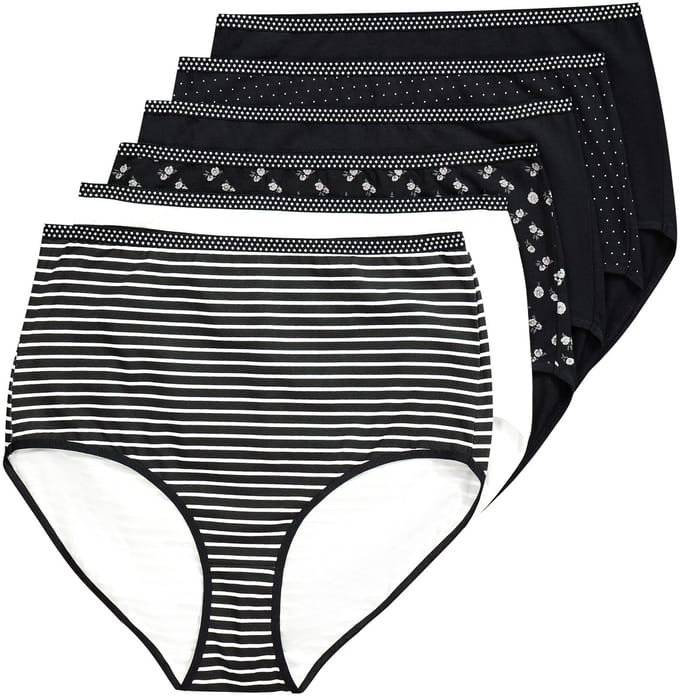 Ulla Popken - Dames - Maxislips set van 6 motief/effen - Zwart - Maat 42+