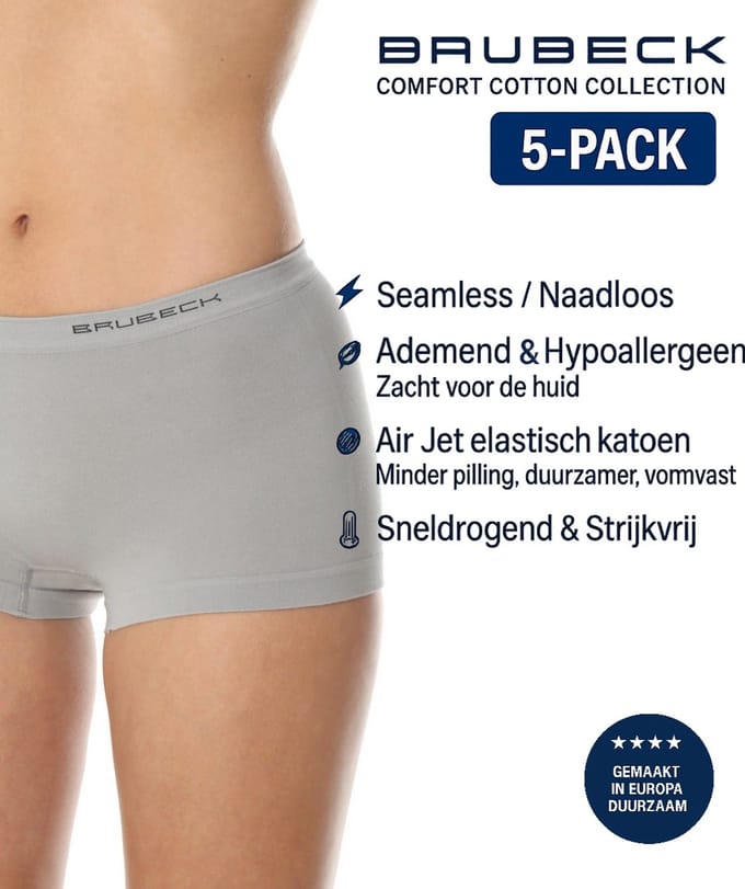 Brubeck Dames Boxershort – Naadloos (Seamless) Elastisch Katoen – 5-Pack - Grijs M