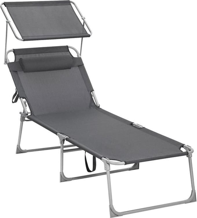 Ligstoel – Strandbed – Extra groot – Met zonnescherm – 200 x 71 x 38 cm – Grijs