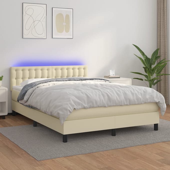 vidaXL - Boxspring - met - matras - en - LED - kunstleer - crèmekleurig - 140x190 - cm
