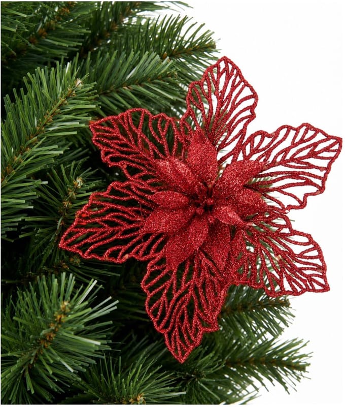 Kerstboomversiering Kerstster - 17 cm - rood glitter - op clip - ornament