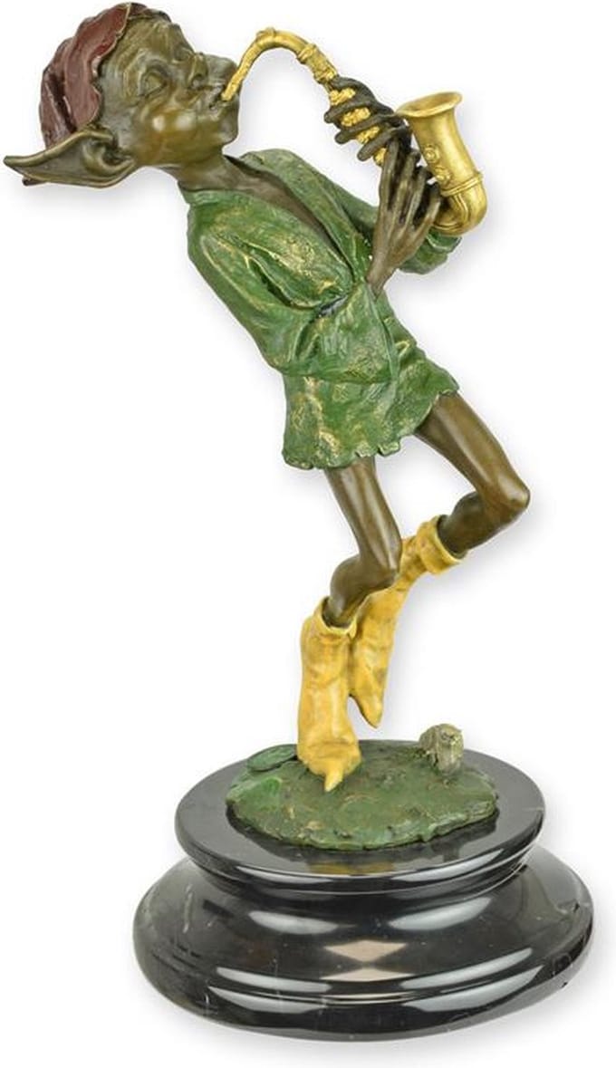 Bronzen beeld - Saxofoon spelende aardman - sculptuur - 24,8 cm hoog