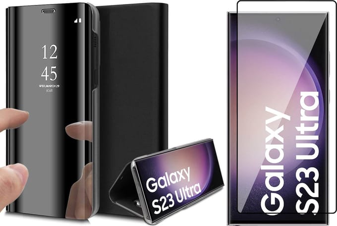 Hoesje geschikt voor Samsung Galaxy S23 Ultra - Screen Protector FlexGuard - Book Case Spiegel Zwart & Screenprotector