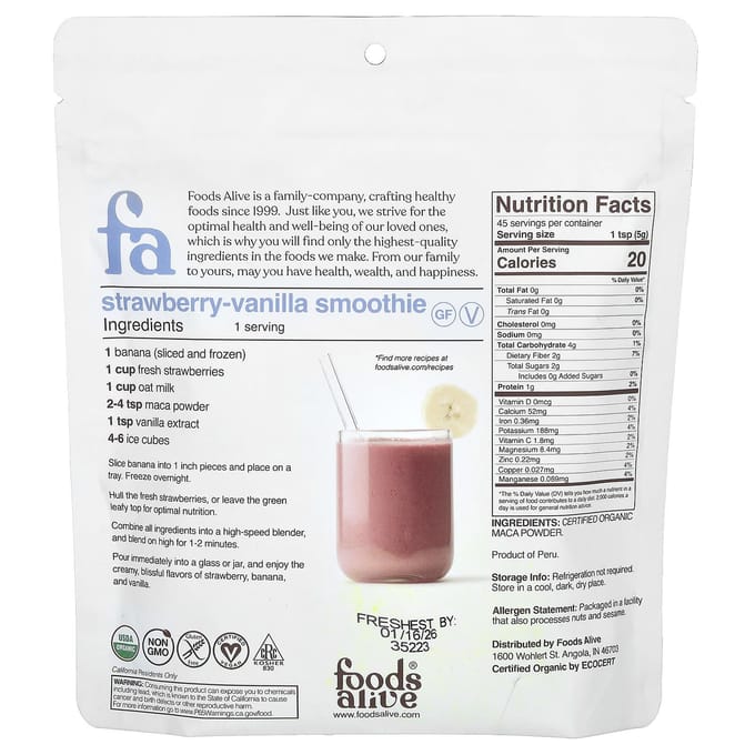 Foods Alive, Poudre de Racine de Maca Bio, 8 oz (227g)