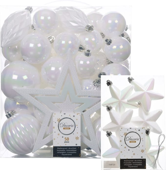Decoris Kerstballen en Ornamenten - 56x stuks - parelmoer wit - kunststof - ster piek - verschillende formaten
