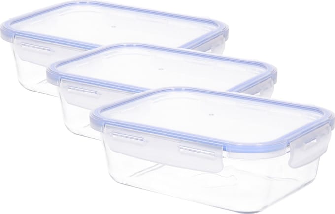 CM Vershoudbakje/lunchbox - 3x - luchtdicht - met clips - glas - 21 x 15 x 7 cm - 1000 ml