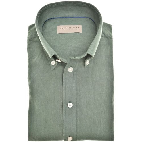 John Miller Overhemd Button Down Casual Slim Linnen Cotton Donker Groen / male