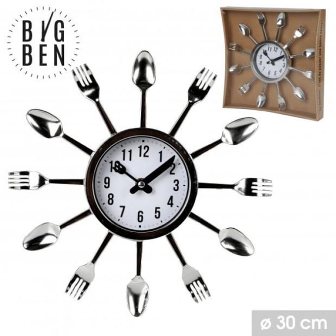 "BIG BEN" DESIGN KEUKENKLok BESTEK CHROOM WITTE ACHTERGROND DIAMETER 30 CM