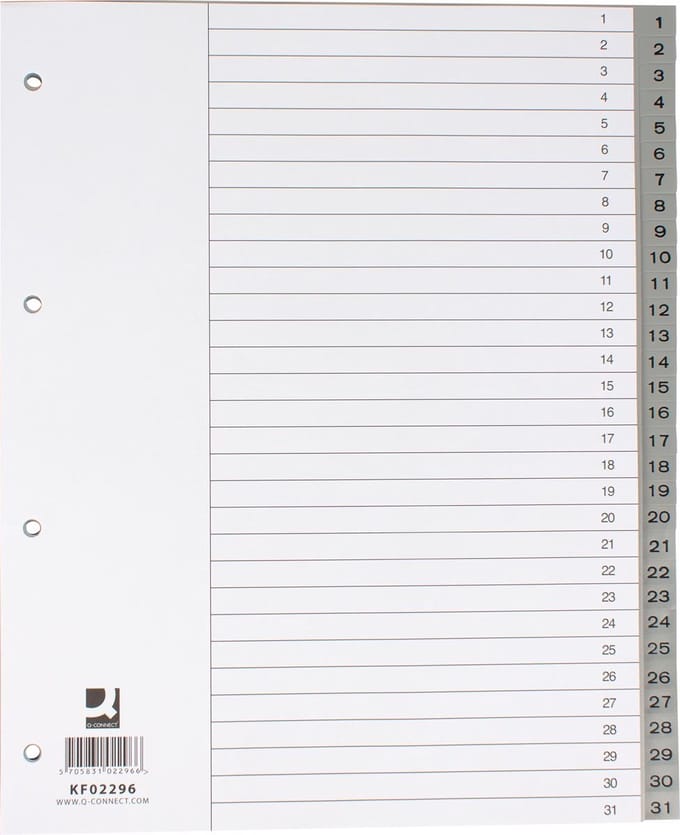 Q-CONNECT numerieke tabbladen, A4, PP, 1-31, met indexblad, grijs