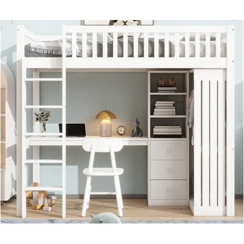 ModernLuxe Hoogslaper van hout 90x200 cm - met bureau en kledingkast - Wit
