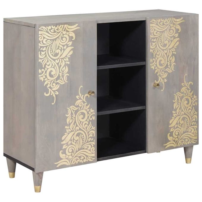 vidaXL - Dressoir - Grijs - en - Goud - 90 - x - 33 - x - 75 - cm - Massief - Mango - Hout