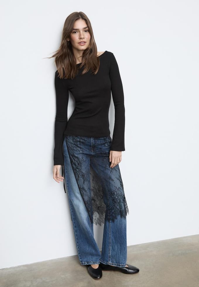 Stradivarius Basic T-shirt met uitlopende mouwen  Zwart S