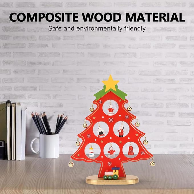 Décoration de Table Arbre de Noël en Bois Arbre de Noël de Bureau avec Mini Ornements pour Table rouge