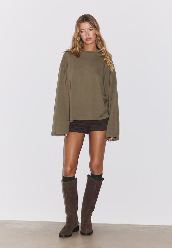 Stradivarius Boxy T-shirt met lange mouw  Kaki S