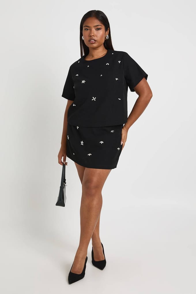 boohoo Dames Plus Diamante Skort | Zwart | Maat: 52