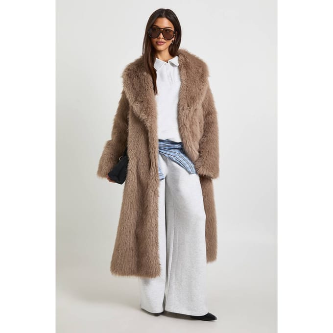 boohoo Dames Premium bontmaximantel met kraag | Mink | Maat: 12