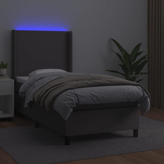 vidaXL - Boxspring - met - matras - en - LED - kunstleer - grijs - 90x200 - cm