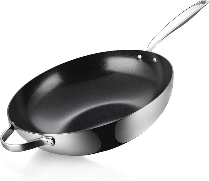 Be Living Essential Series Stainless Steel Wok Pan Diameter 32 cm Ceramic Induction PFAS-free Non-Stick Coating Casserole